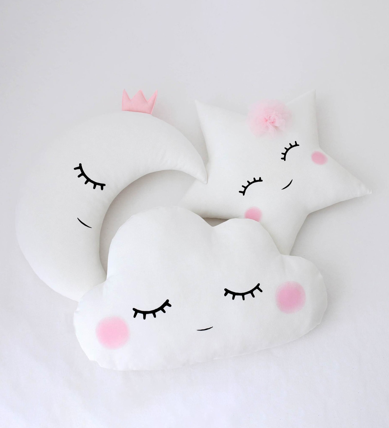 White Cotton Blend Moon Cloud & Star Shaped Pillows (Set of 3)