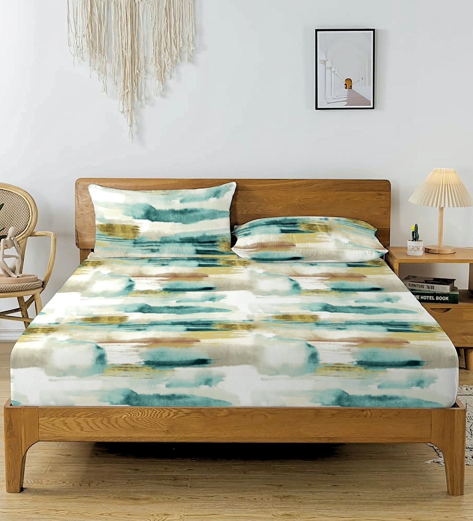 Sky White Glace Cotton Geometric Elastic Fitted King Bedsheet With 2 Pillow Covers