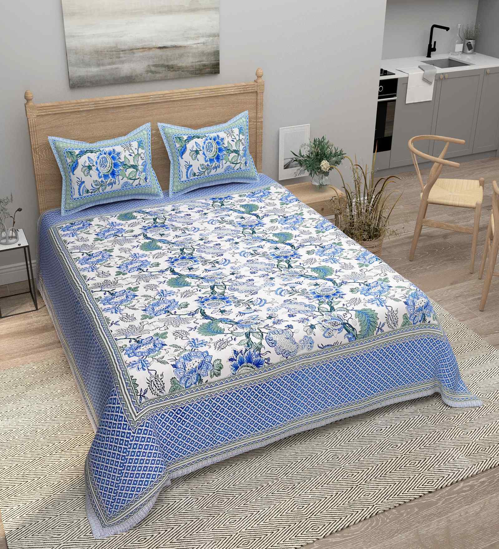 Skyblue Floral 180 TC Cotton  King Sized Bedsheet with 2 Pillow Covers