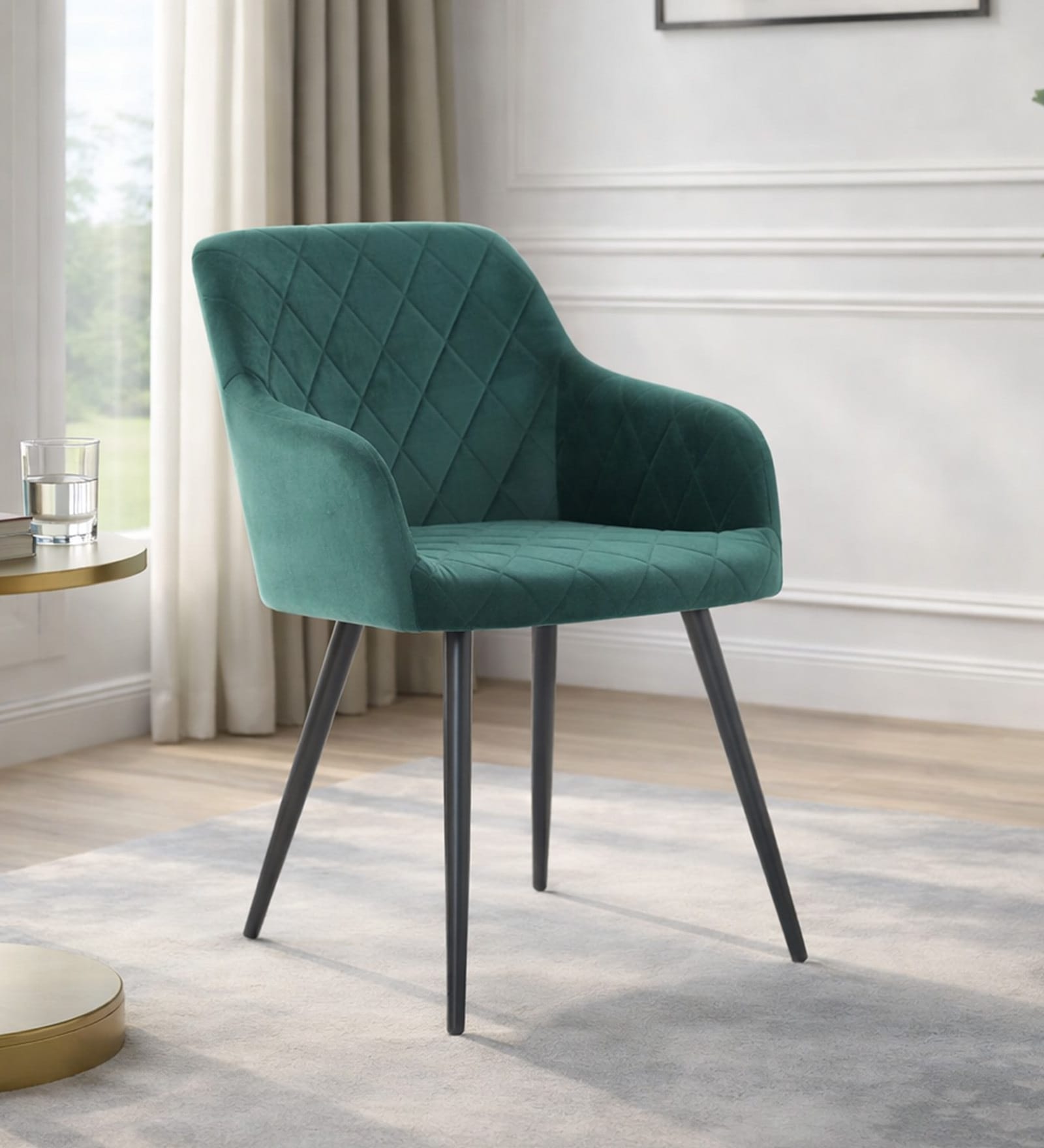 Skyler Velvet Fabric Arm Chair In Green Color