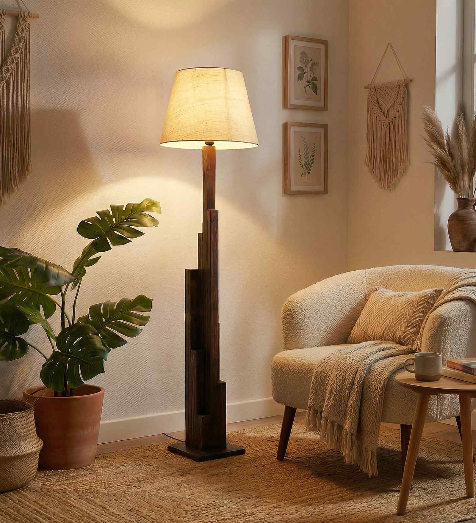 Skyline Wooden Floor Lamp with Jute Shade & Brown Base