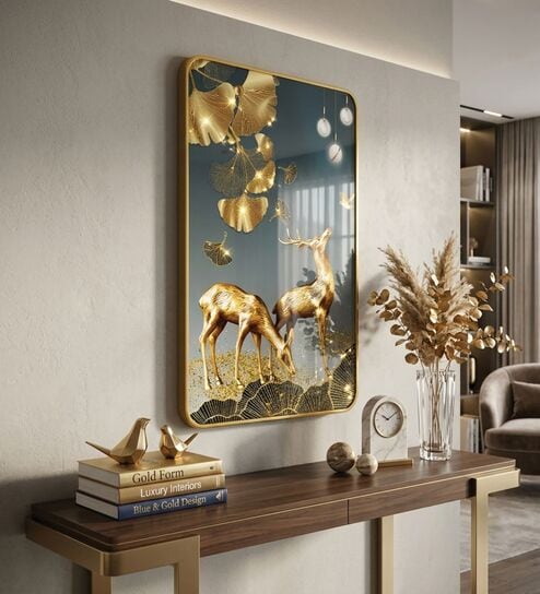 Sky Blue & Gold Deer Rectangular Wall Art 12 x 18 Inch