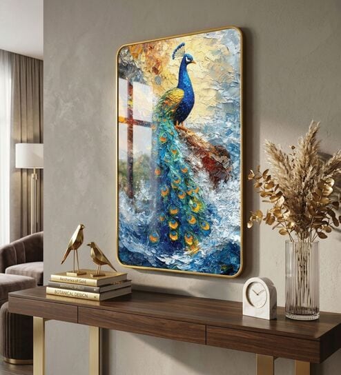 Sky Blue & Gold Peacock Rectangular Wall Art 12 x 18 Inch