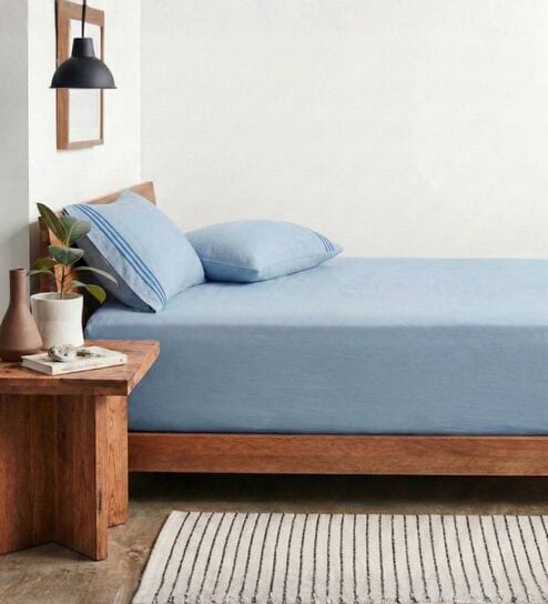 Sky Blue 210 TC Cotton King Size Bedsheet with 2 Embroidered Pillow Covers