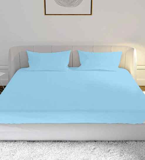 Sky Blue Cotton 1 King Bedsheet with 2 Pillow Covers
