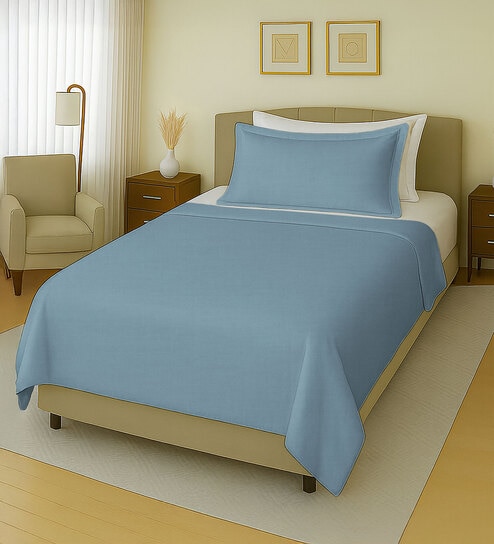 Sky Blue Cotton 1 Single Bedsheet with 1 Pillow Cover