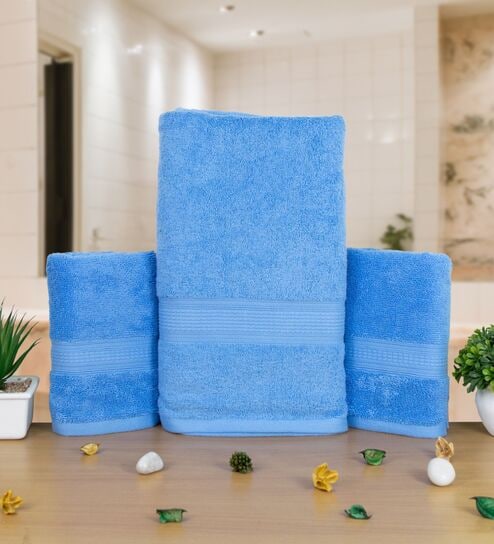 Sky Blue Cotton Solid  500 GSM Bath & Hand Towels Pack of 3 (1Bath 2 Hand)