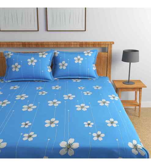 Sky Blue Floral 144 TC Cotton King Fitted Bedsheet Bedsheet 2 Pillow Rose Collection