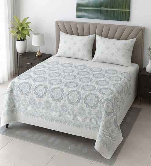 Sky Blue Floral 400 TC Cotton Queen Size Bedsheet with 2 Pillow covers Essential Series Collection