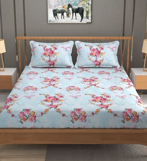 Sky Blue Glace Cotton Floral Print Elastic Fitted King Bedsheet With 2 Pillow Covers