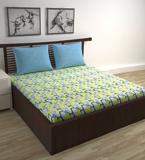 Sky Blue Lemon Abstract 144 Tc Cotton Double Bedsheet With 2 Pillowcovers