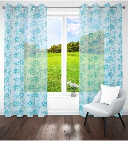 Sky Blue Polyster Floral 7ft Sheer Eyelet Window/Door (1 Pc)