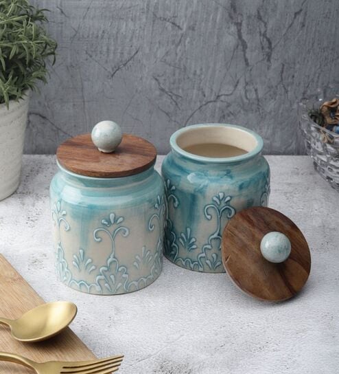 Sky Blue Shaded Embossed Ceramic Air Tight Jars/ Barnis with Wooden Lids - Set of Two