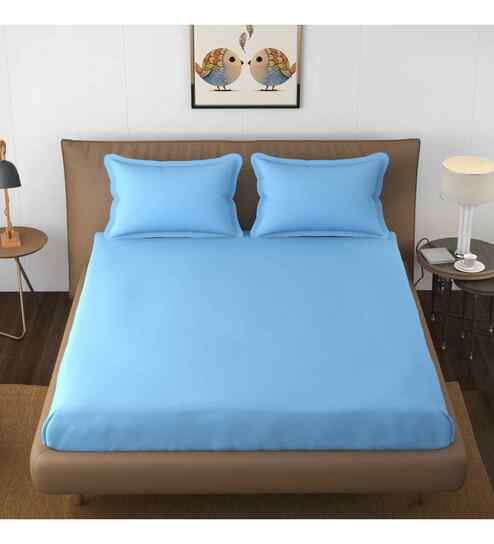 Sky Blue Solid 144 TC Cotton King Sized Bedsheet Bedsheet 2 Pillow Shades Collection
