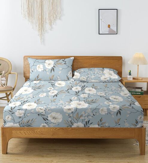 Sky White Glace Cotton Floral Print Elastic Fitted King Bedsheet With 2 Pillow Covers