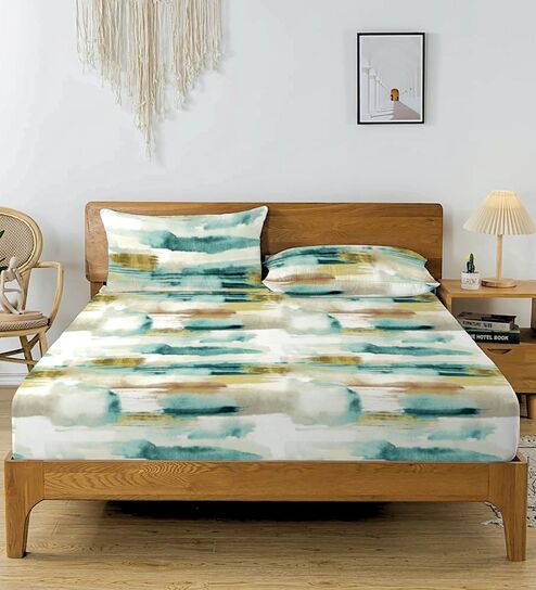 Sky White Glace Cotton Geometric Elastic Fitted King Bedsheet With 2 Pillow Covers