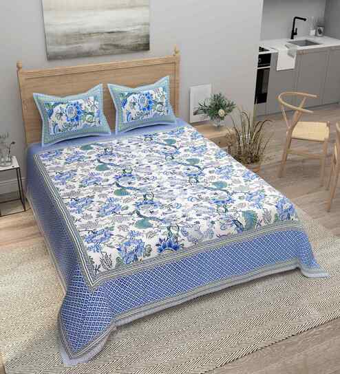 Skyblue Floral 180 TC Cotton  King Sized Bedsheet with 2 Pillow Covers
