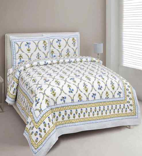 SkyBlue Floral 180 TC Cotton  King Sized Bedsheet with 2 Pillow Covers