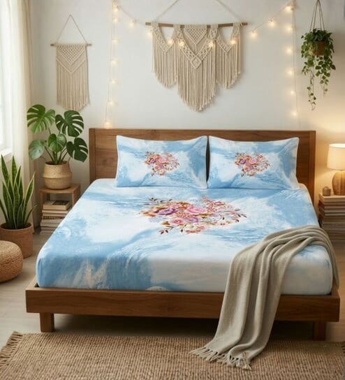 Skyblue Panel Design 180 TC Cotton King Bedhseet 2 pillow covers