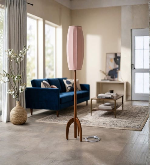 Skyrocket Handcrafted Tripod Base Natural Teak Wood Floor Lamp with Pink Fabric Shade for Living Room and Bedroom