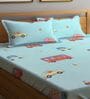 Sky Blue Vehicle Printed 300 TC Cotton Blend Double Queen Size Bedsheet With 2 Pillow Covers
