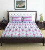 Sky Blue and Pink Floral 144 TC 100% Cotton Double Bedsheet With 2 Pillow Covers Fusion Collection