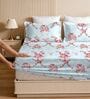 Sky Blue Glace Cotton Floral Print Elastic Fitted King Bedsheet With 2 Pillow Covers