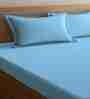 Sky Blue Striped 300 TC Cotton Blend 1 King Sized Double Bedsheet With 2 Pillow Covers