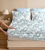 Sky White Glace Cotton Floral Print Elastic Fitted King Bedsheet With 2 Pillow Covers