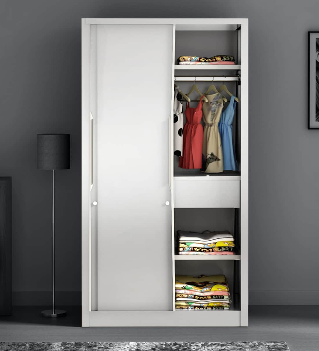 Buy Slide Metal Sliding Door Wardrobe in Tex Bond White Colour at 22% ...