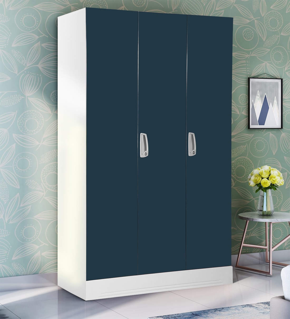 Buy Slimline 3 Door Wardrobe with Locker in Pacific Blue Colour by
