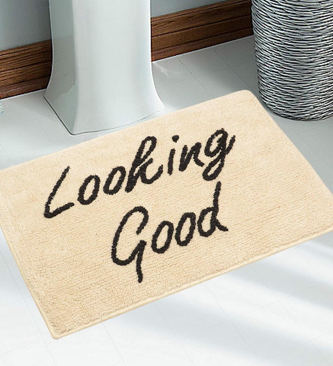 Buy Cream Slogan Cotton 30x18 Inches Max Absorbant Bath Mat by Saral