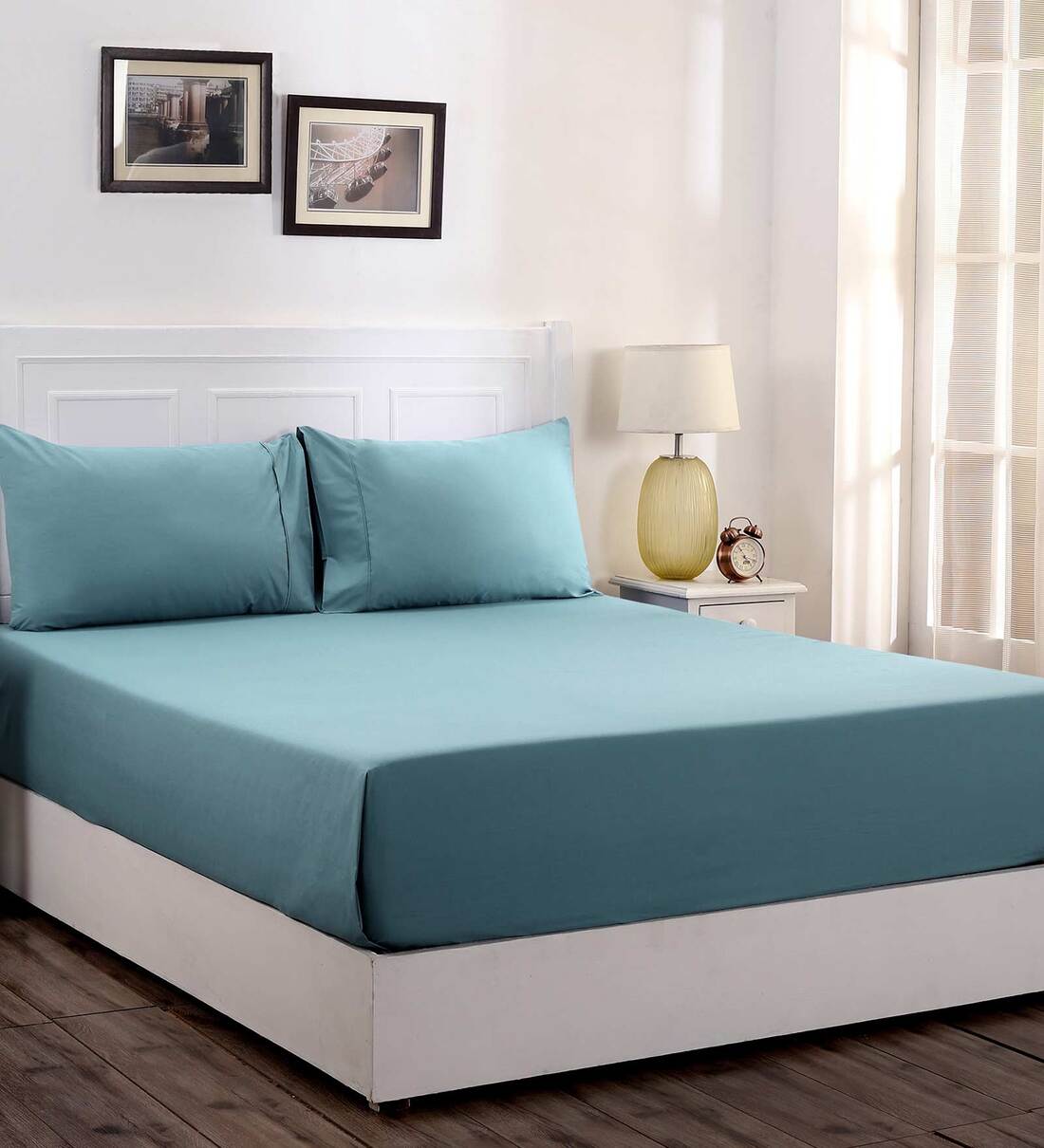 Buy Blue Solid 200 TC 100 Cotton King Sized Bed Sheets with 2 Pillow
