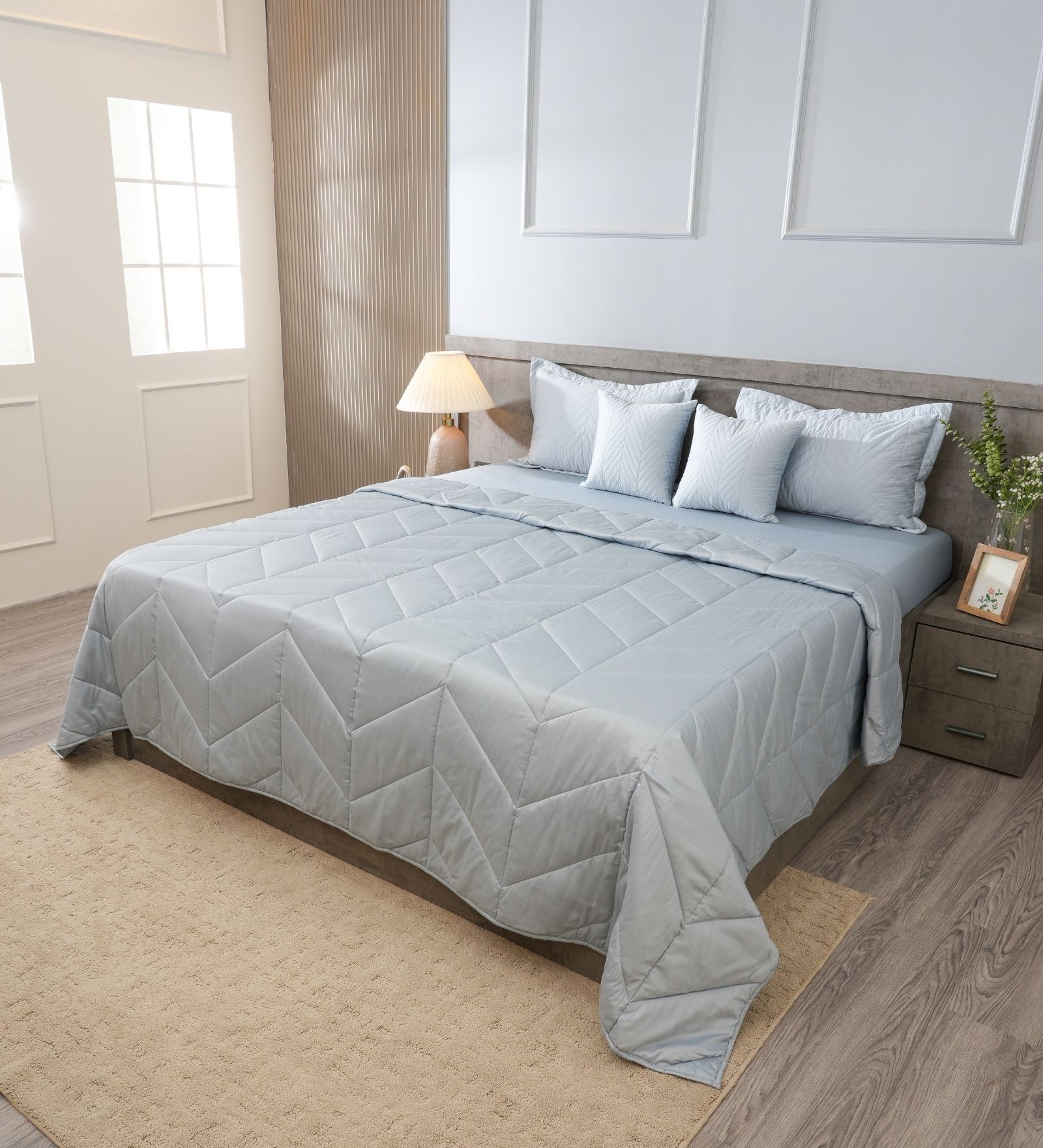 Slate Blue 300TC 100% Cotton Solid & Quilted Double Bedding Set