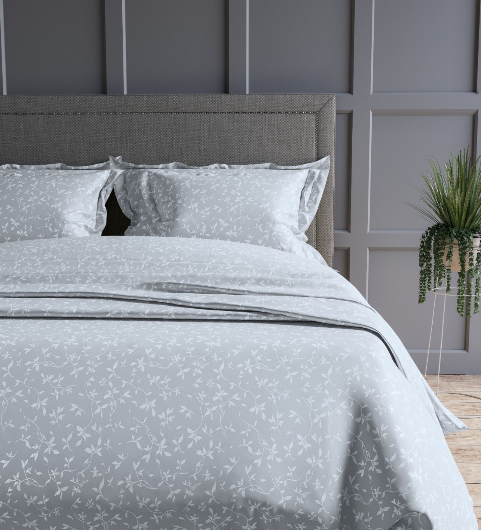 Slate Blue Floral 300TC Cotton Super King Sized Double Bedsheet with 2 piping Pillow Covers