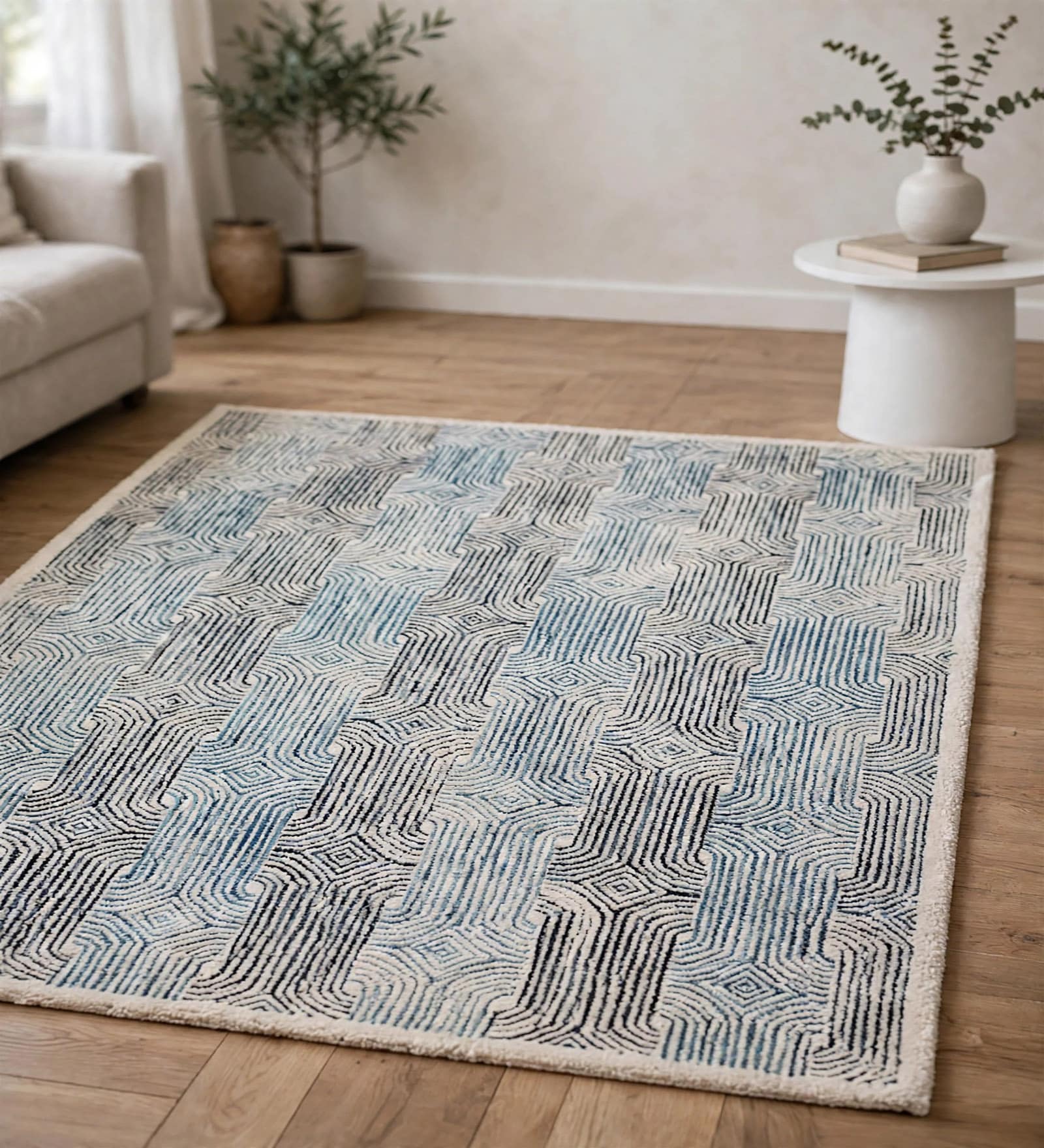 Slate Blue Stripped Wool And Cotton 5 X 8 Ft Hand Tufted Carpet