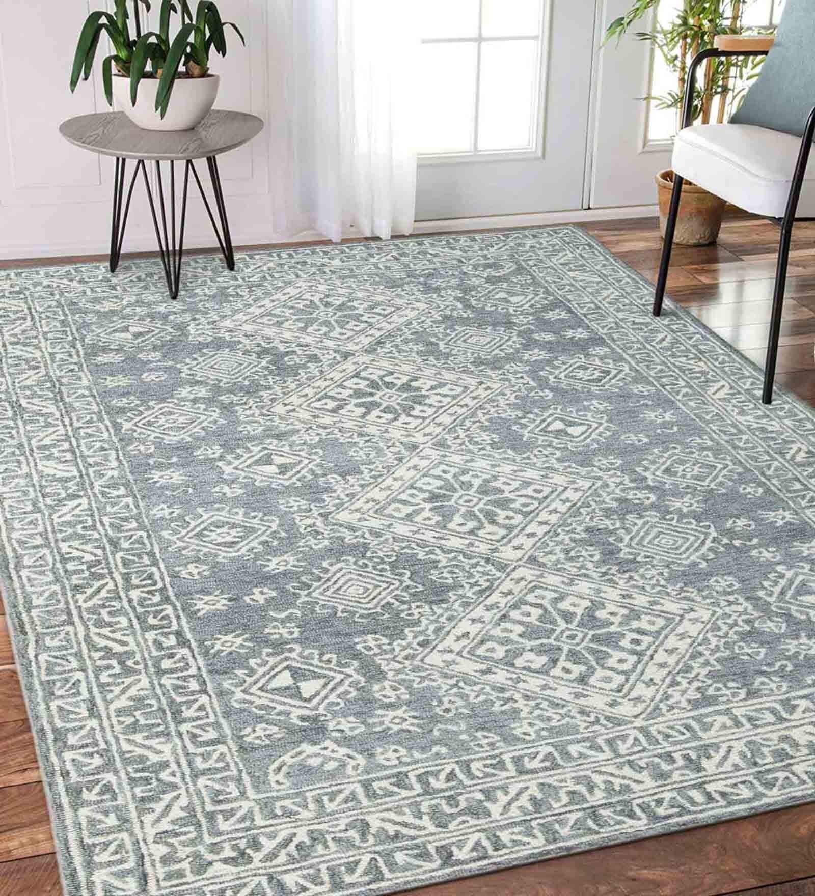 Grey Persian Wool And Viscose 8 ft x 10 ft Hand Tufted Carpet