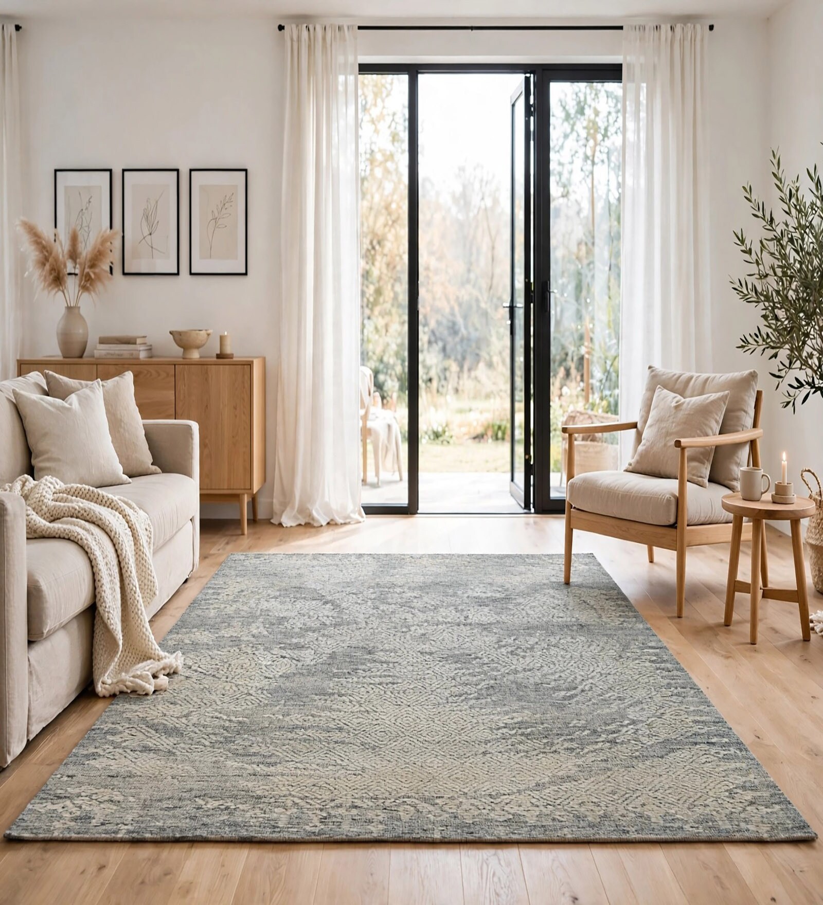 Slate Grey Abstract Wool And Cotton 8 X 5 Feet Hand Tufted Carpet