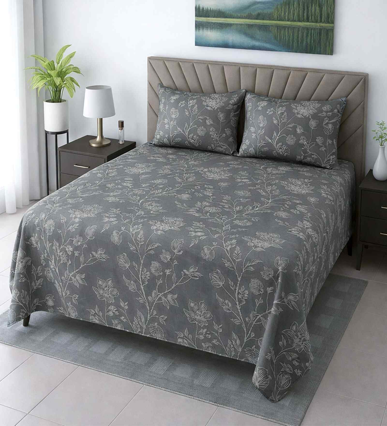 Slate Grey Floral 400 Tc Cotton Super King Size Bedsheet With 2 Pillow Covers