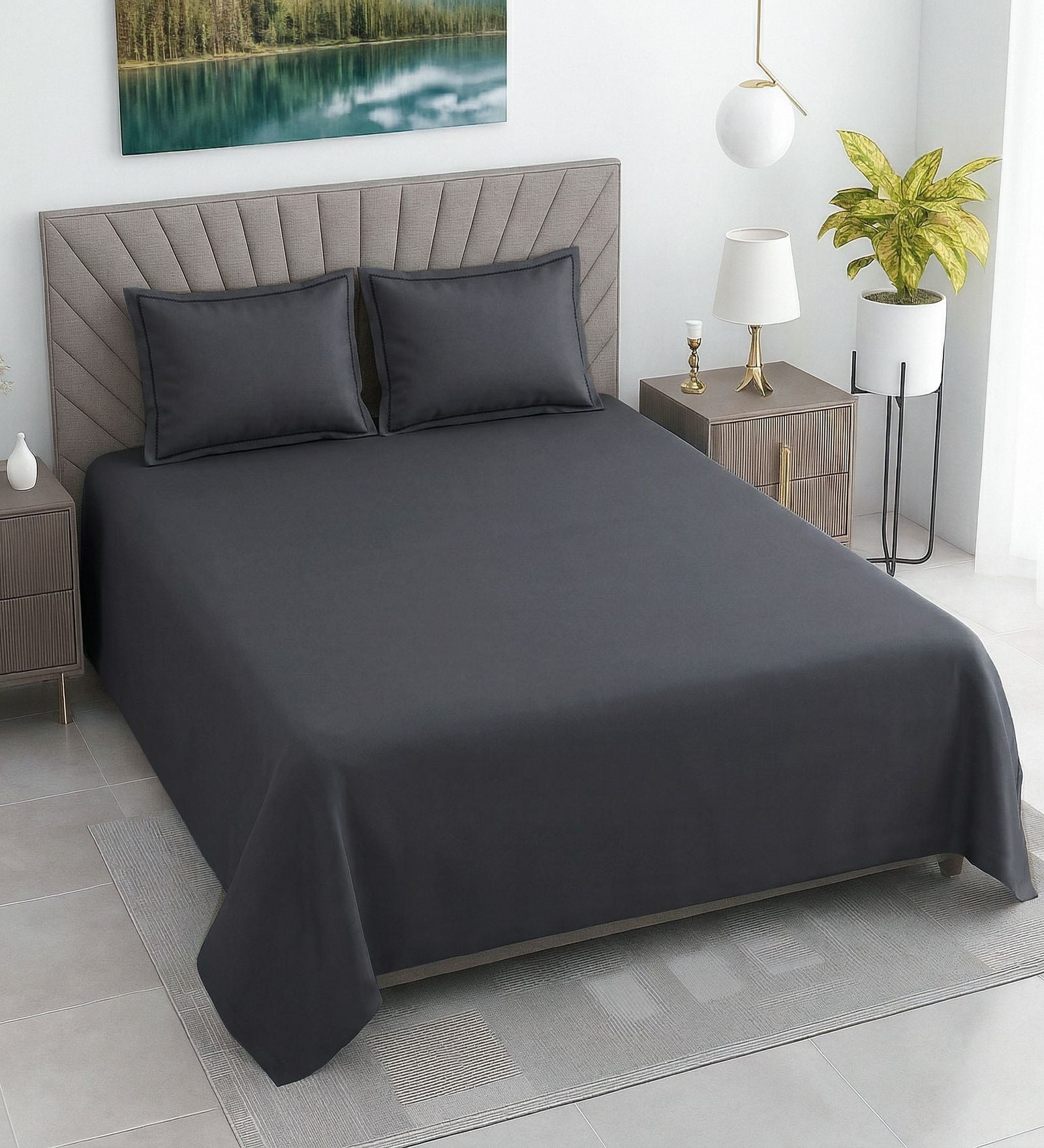 Slate Grey Solid 400 TC Cotton Satin Superking Size Bedsheet With 2 Pillow Covers