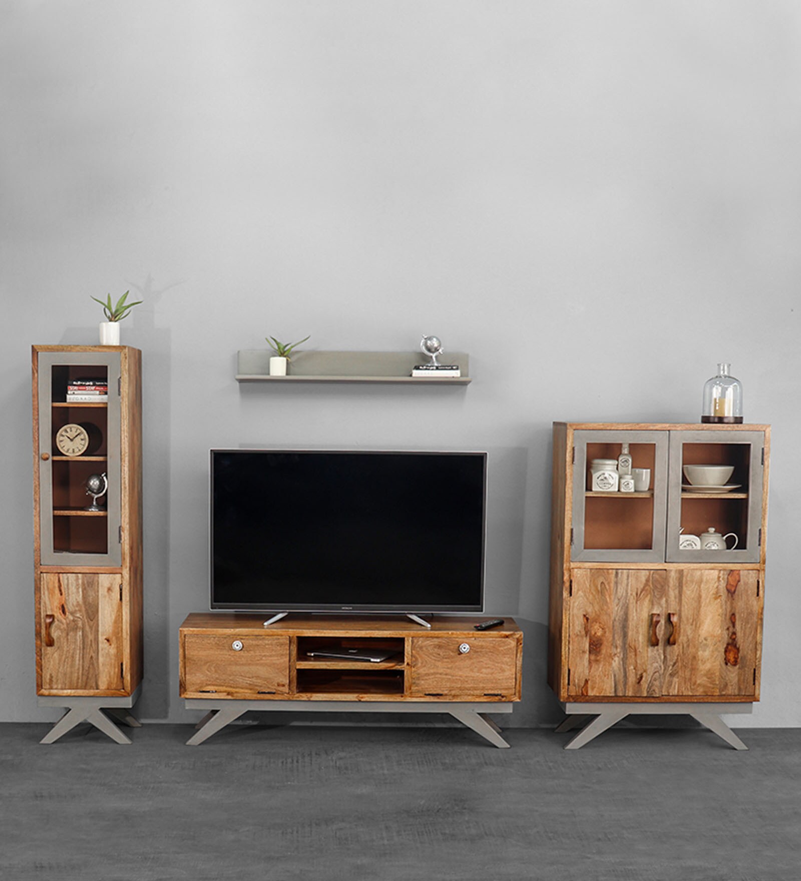 Slate TV Unit for TVs up to 43" With 2 Cabinets & 1 Wall Shelf In Teak Finish
