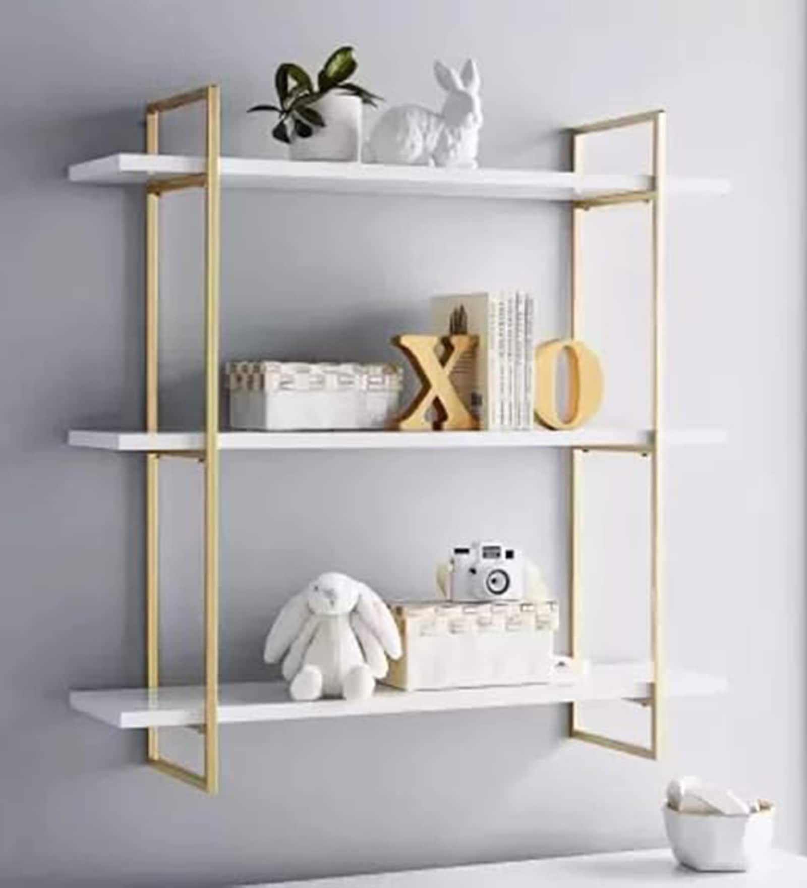 Sleek Designer Wall Shelf with Golden Metallic Frame