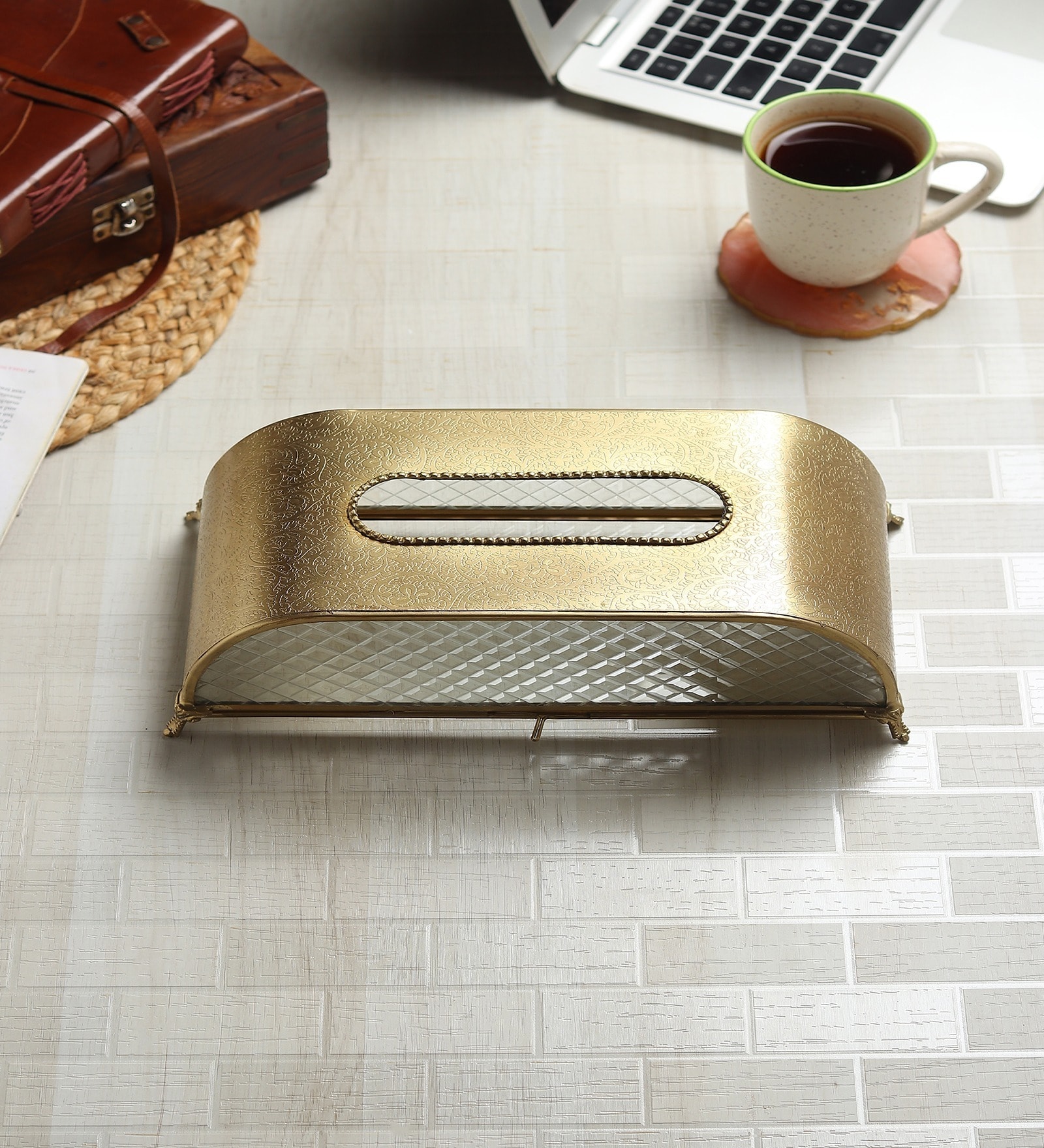 Gold Glass Sleek Diamond Crystal Napkin Box
