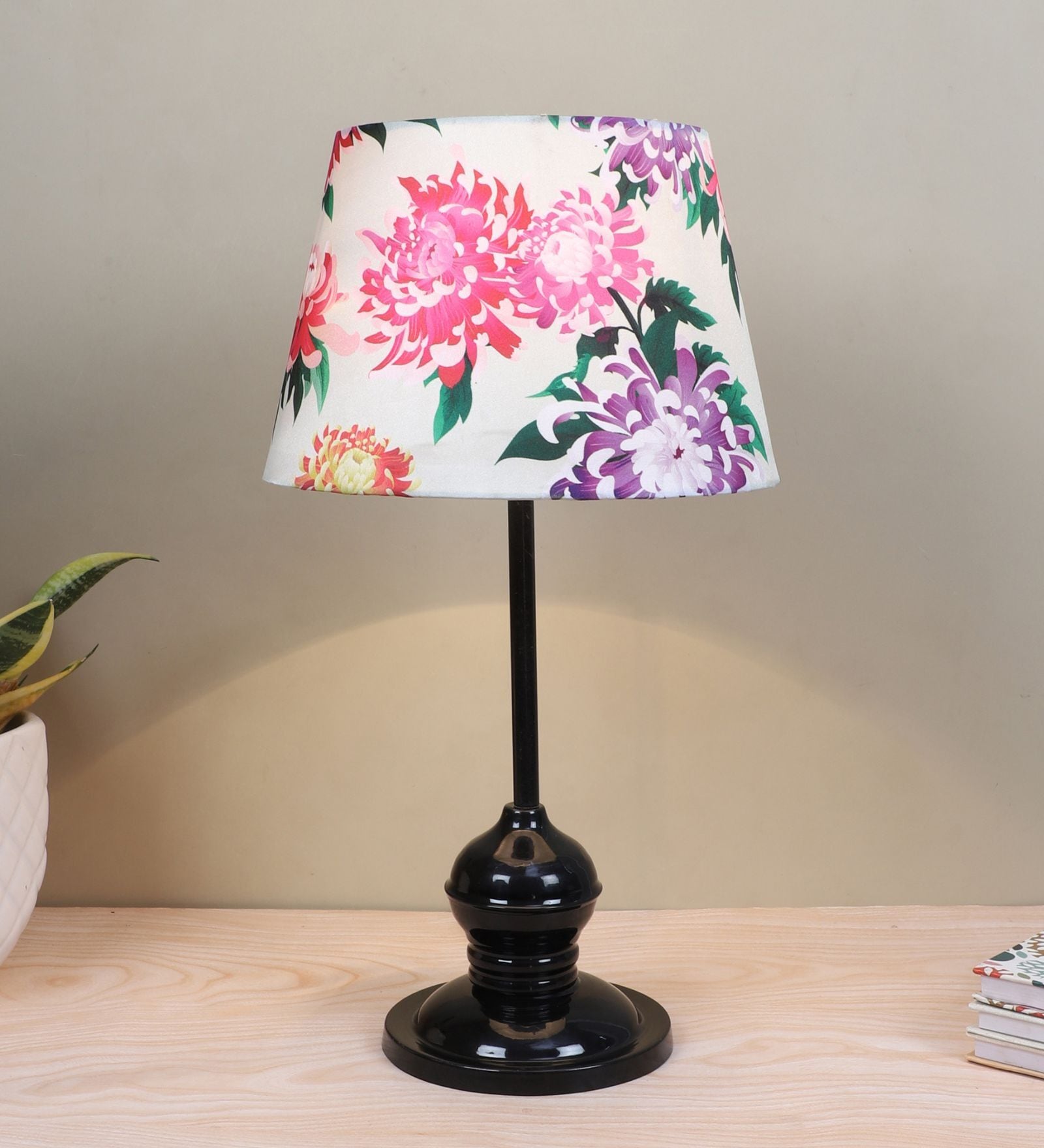 Sleek Spark Black Metal Table Lamp With Carnation Print Satin Shade
