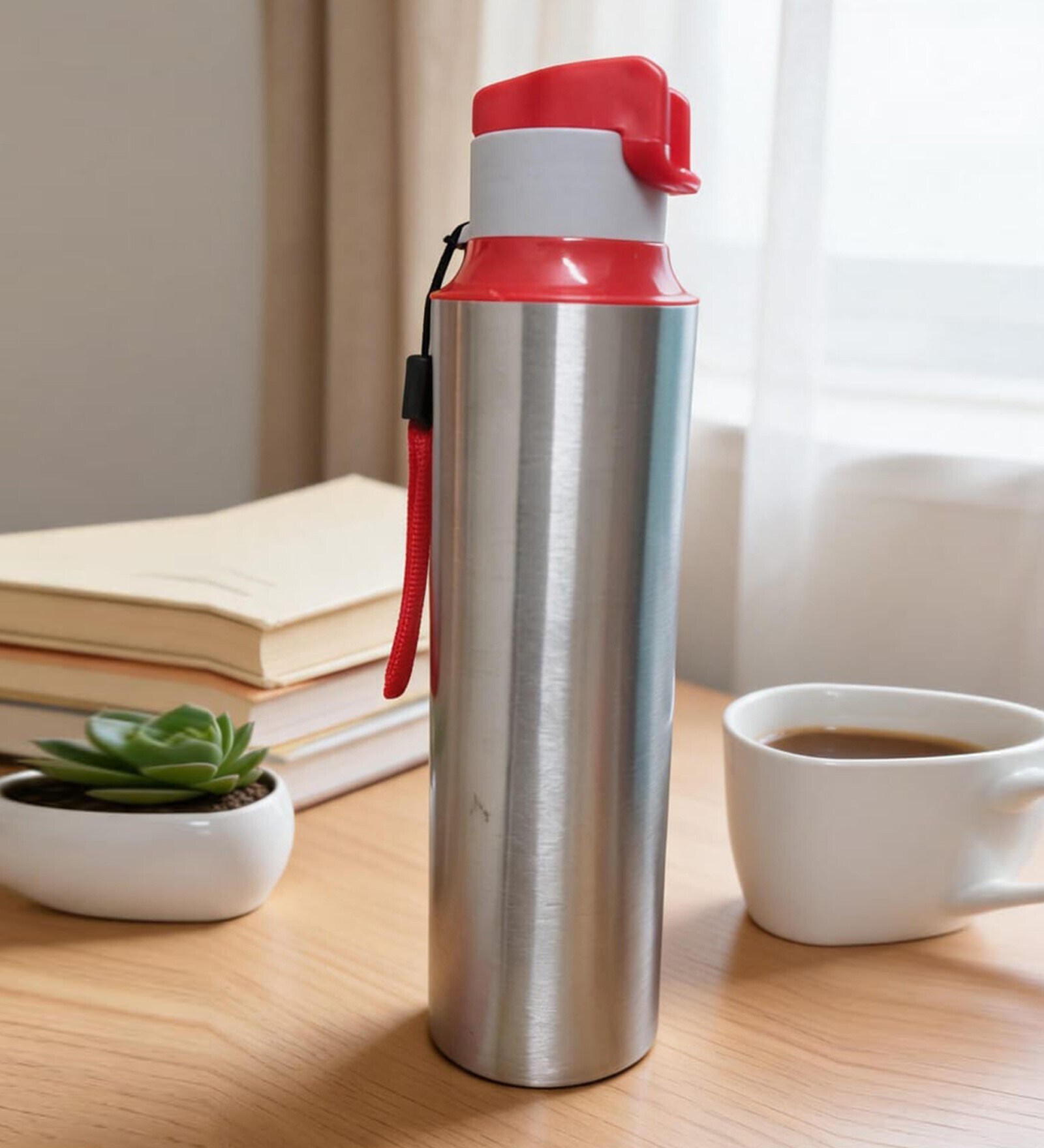 Red Sleek Stainless Steel Fridge & Gym Bottle with Flip Top Cap & Strap, 700 ml