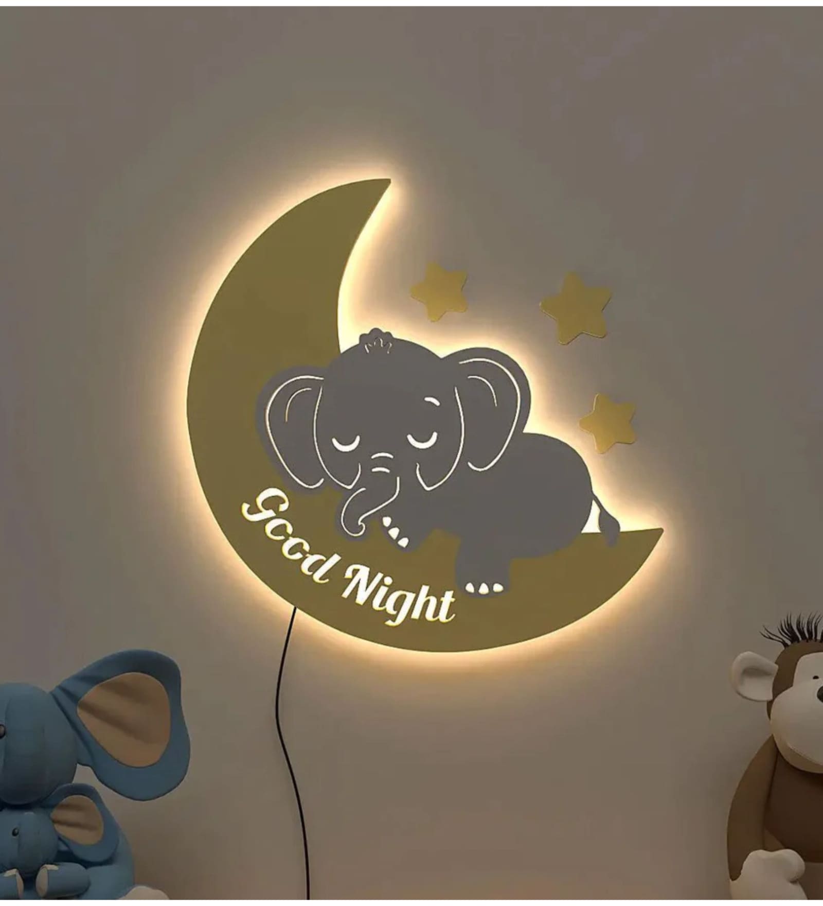 Sleeping Baby Elephent Yellow & Grey Engineered Wood Wall Art With LED Light