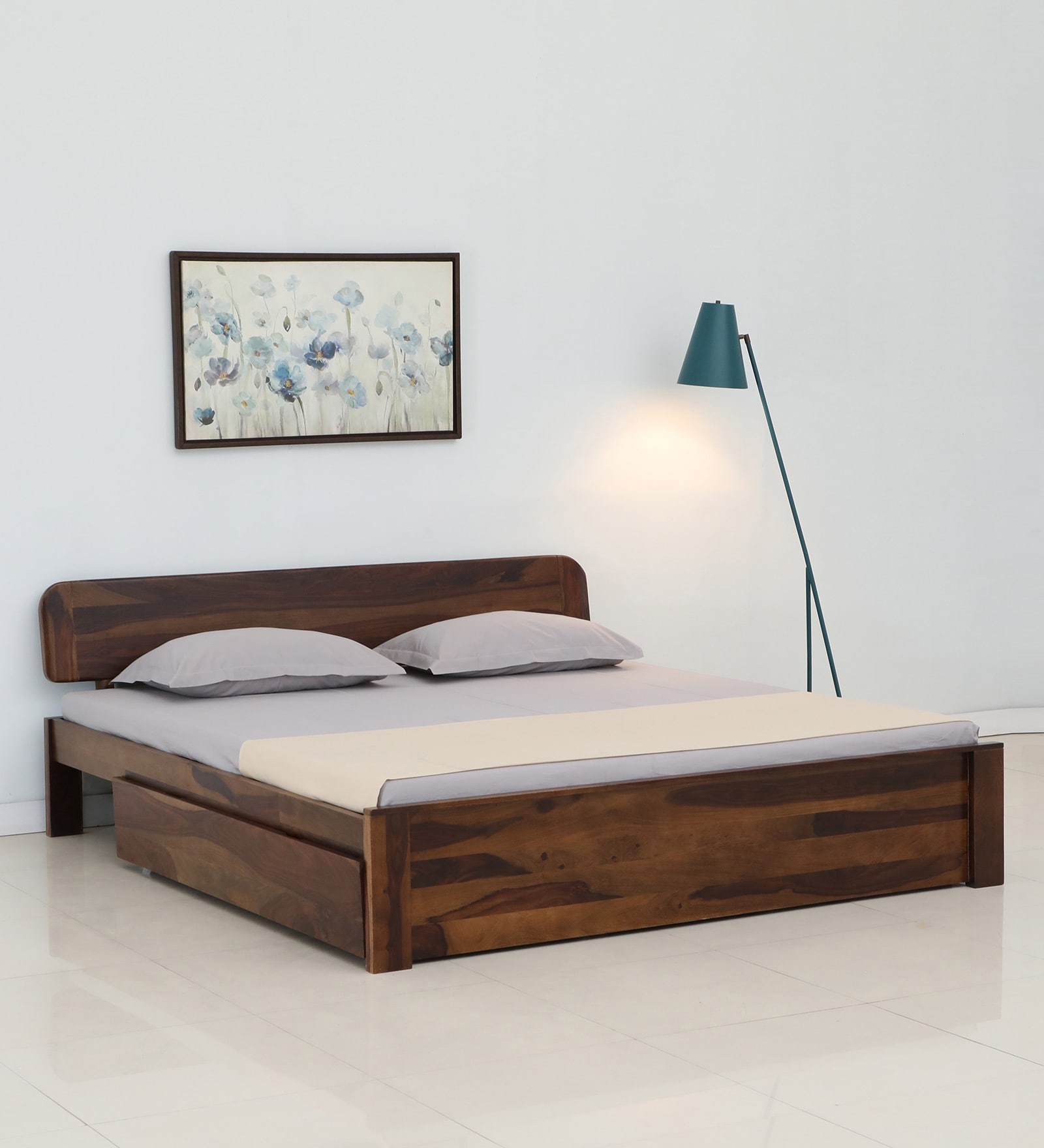 Sleigh Sheesham Wood King Size Bed With Drawer Storage In Provincial Teak Finish