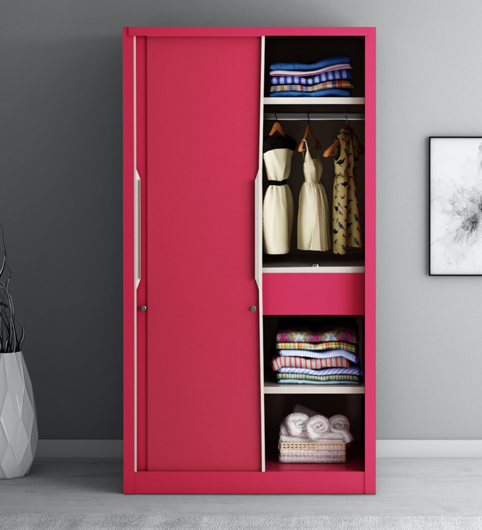 Slide N Store Compact Sliding Wardrobe in Tex Blush Red Finish Slide N Store Compact Sliding Wardrobe in Tex Blush Red Finish