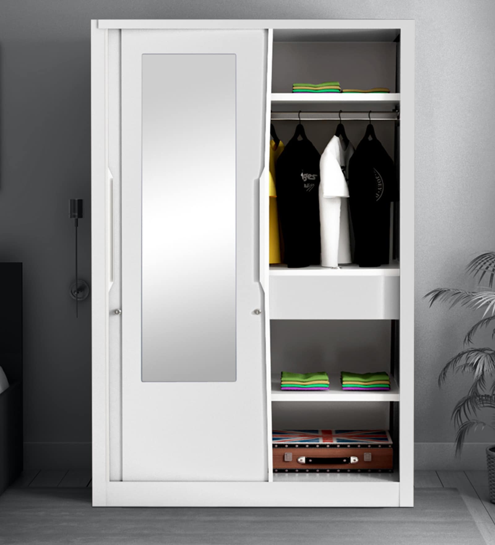 Slide Metal Sliding Door Wardrobe in Bond White Colour with Mirror Slide Metal Sliding Door Wardrobe in Bond White Colour with Mirror