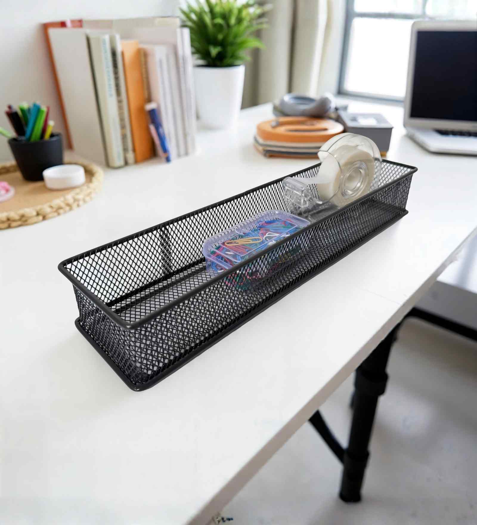 Slim Rectangular Ash Grey Metal Mesh Desk Organizer Tray